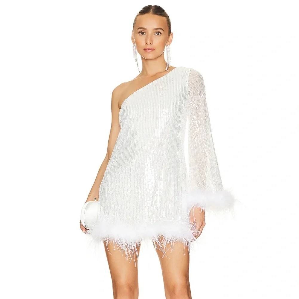 Revolve Camila Coelho Megara Mini Dress White Sequin One Shoulder Feather Trim